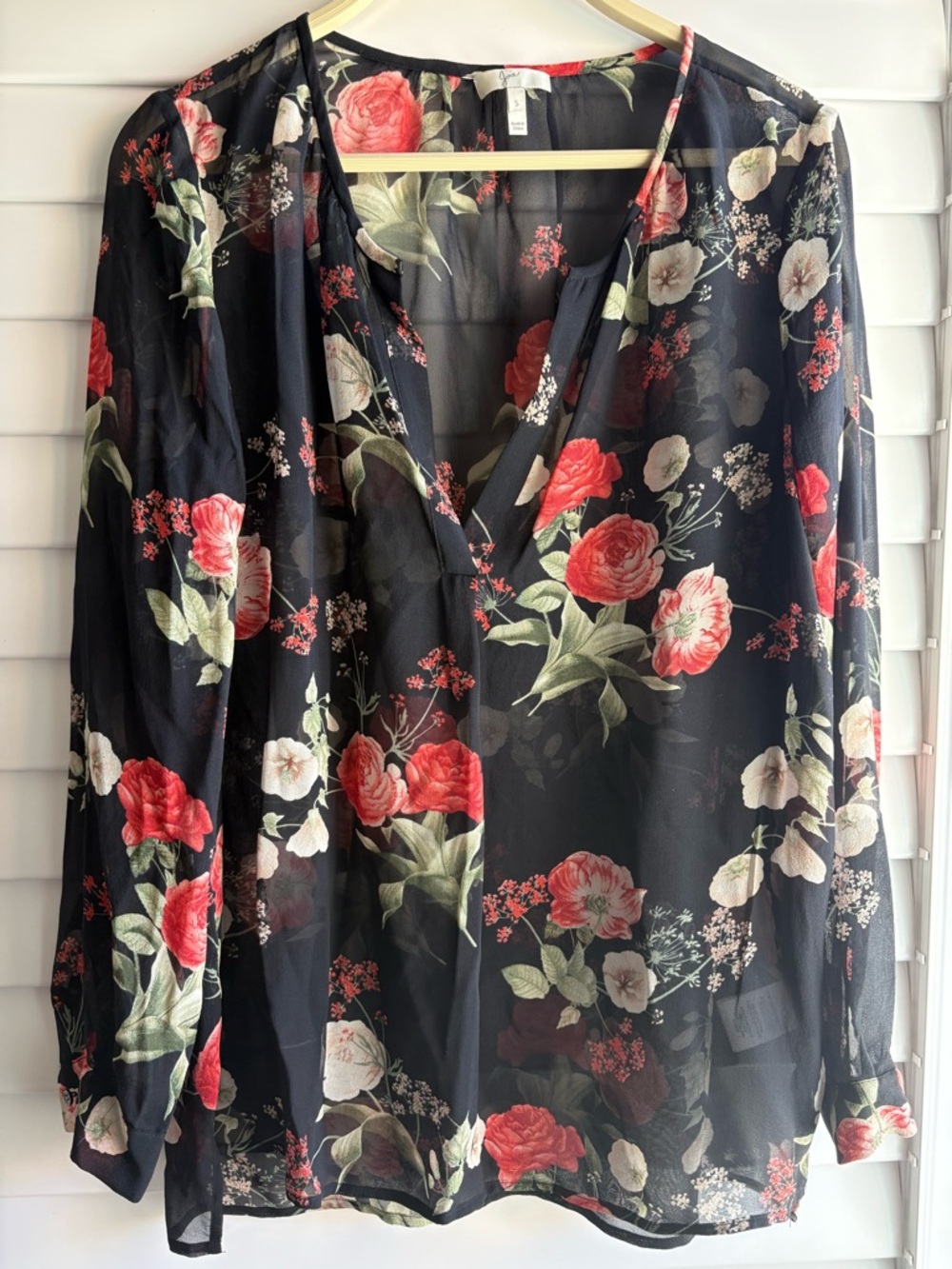 Joie Silk Black Sheer Floral V-Neck Skirt with Red and Cream Blooms - Picture 1 of 11